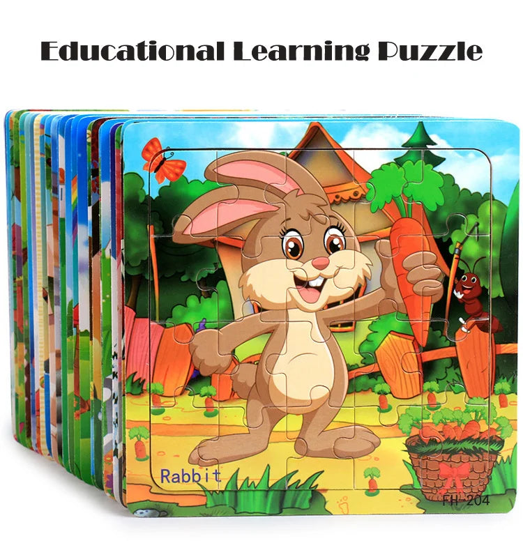 Educational learning puzzle featuring a cartoon rabbit holding a carrot and other woodland elements.
