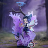A collectible blind box figure of a character in Demon Slayer attire with purple hair and a butterfly wing, set against a mis