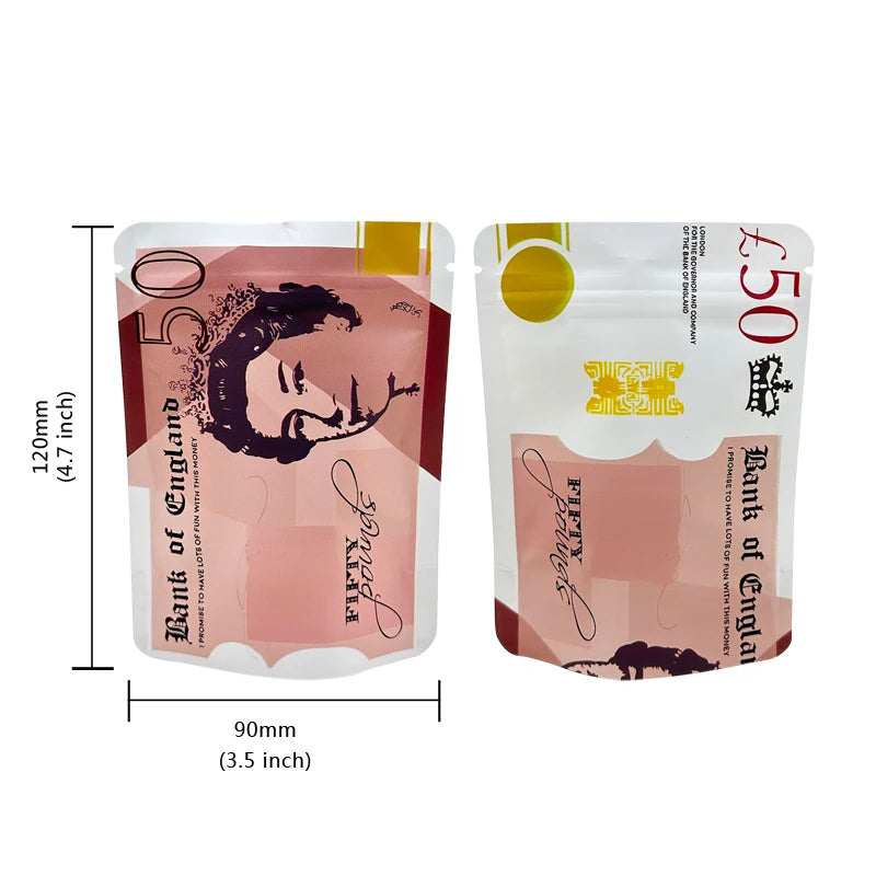 Two small clear bags of money featuring a dollar sign pattern and text on the packaging