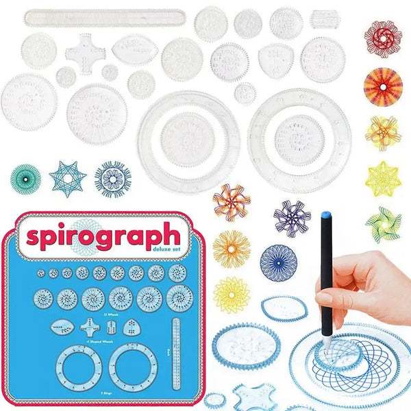 A set of spirograph tools and various spiral art designs for drawing