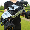 A person holds a black and white high-speed 4WD off-road RC truck with LED lights on a grassy field.