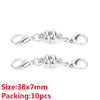 A set of 10 pairs of silver magnetic clasps for jewelry making with a lobster claw and jump ring connector.