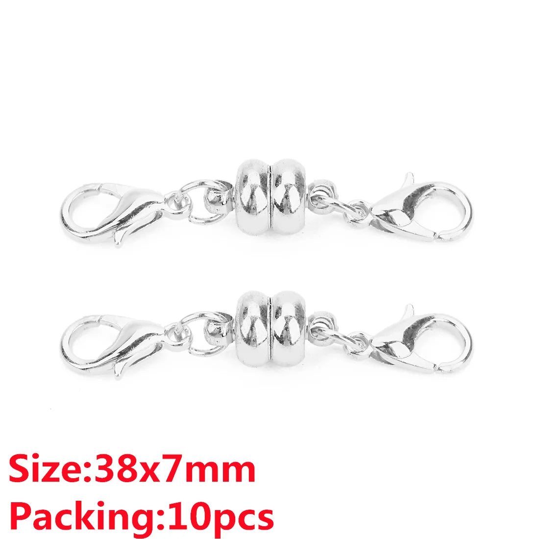 A set of 10 pairs of silver magnetic clasps for jewelry making with a lobster claw and jump ring connector.