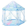 A translucent light blue princess castle play tent with a draped fabric canopy.