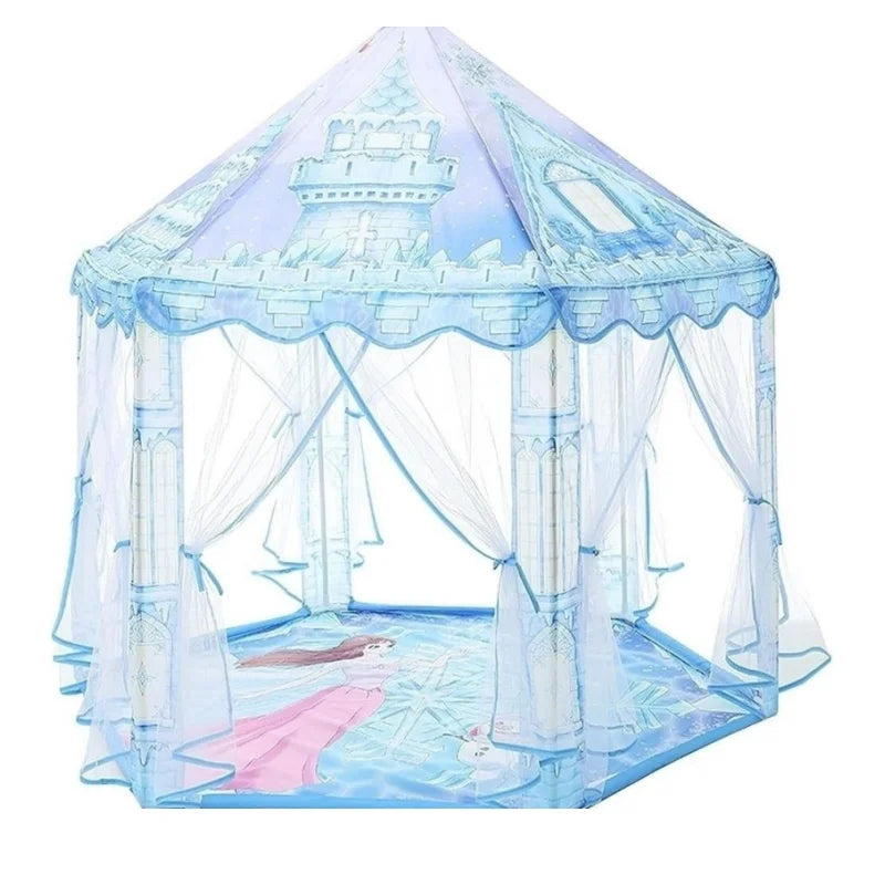 A translucent light blue princess castle play tent with a draped fabric canopy.