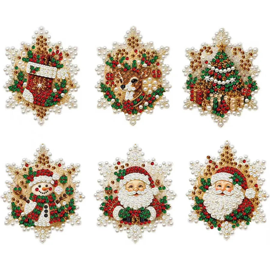 A set of nine diamond painting ornaments depicting Santa Claus and Christmas trees in festive holiday scenes.