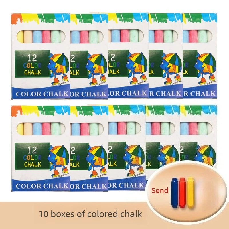 A set of 10 boxes of colored chalk for children with storage boxes and colorful chalk figures