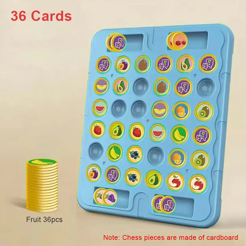 A blue plastic board with 36 compartments holding fruit pieces and chess pieces for a game.