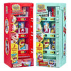 A red mini vending machine toy with snack dispensers and surprise balls inside.