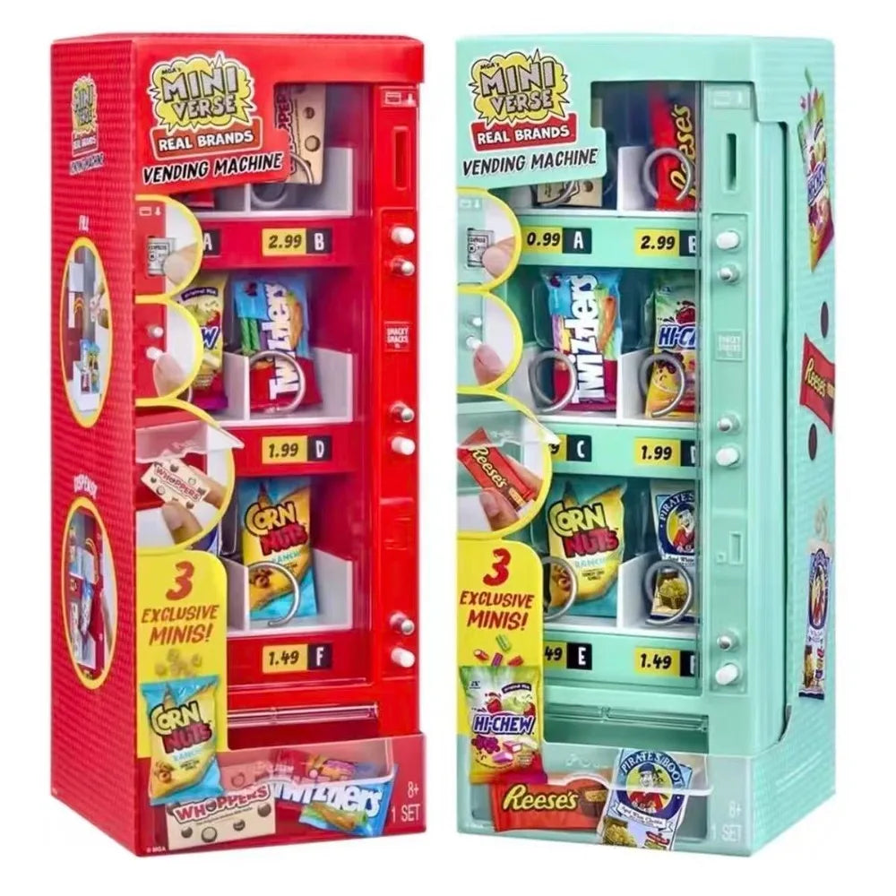 A red mini vending machine toy with snack dispensers and surprise balls inside.