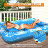 A blue inflatable pool float is shown being used outdoors in a backyard setting.
