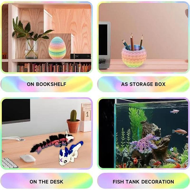 Six articulated dragon eggs used for decoration, displayed on a bookshelf, as a storage box, and in a fish tank.