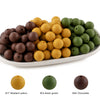 A collection of round silicone beads in mustard yellow, bean green, and chocolate brown.