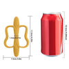 A yellow silicone teether with an easy-grip handle and a red aluminum can container shown next to it.