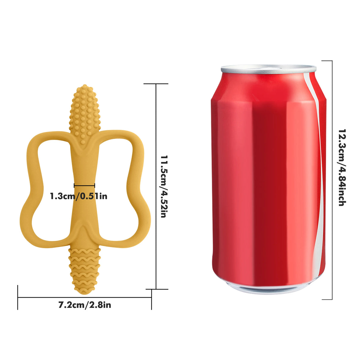 A yellow silicone teether with an easy-grip handle and a red aluminum can container shown next to it.