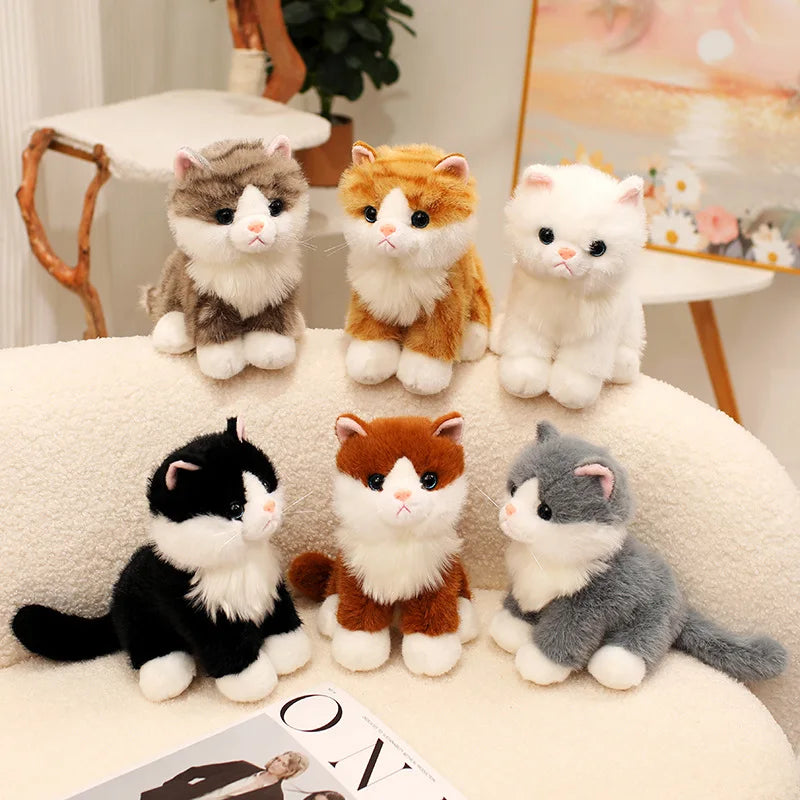 A collection of adorable sitting kitten plush dolls in various colors including gray, orange, and white.