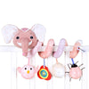 A set of elephant and bird sensory rattles for babies, including a large elephant rattle and smaller bird rattles.