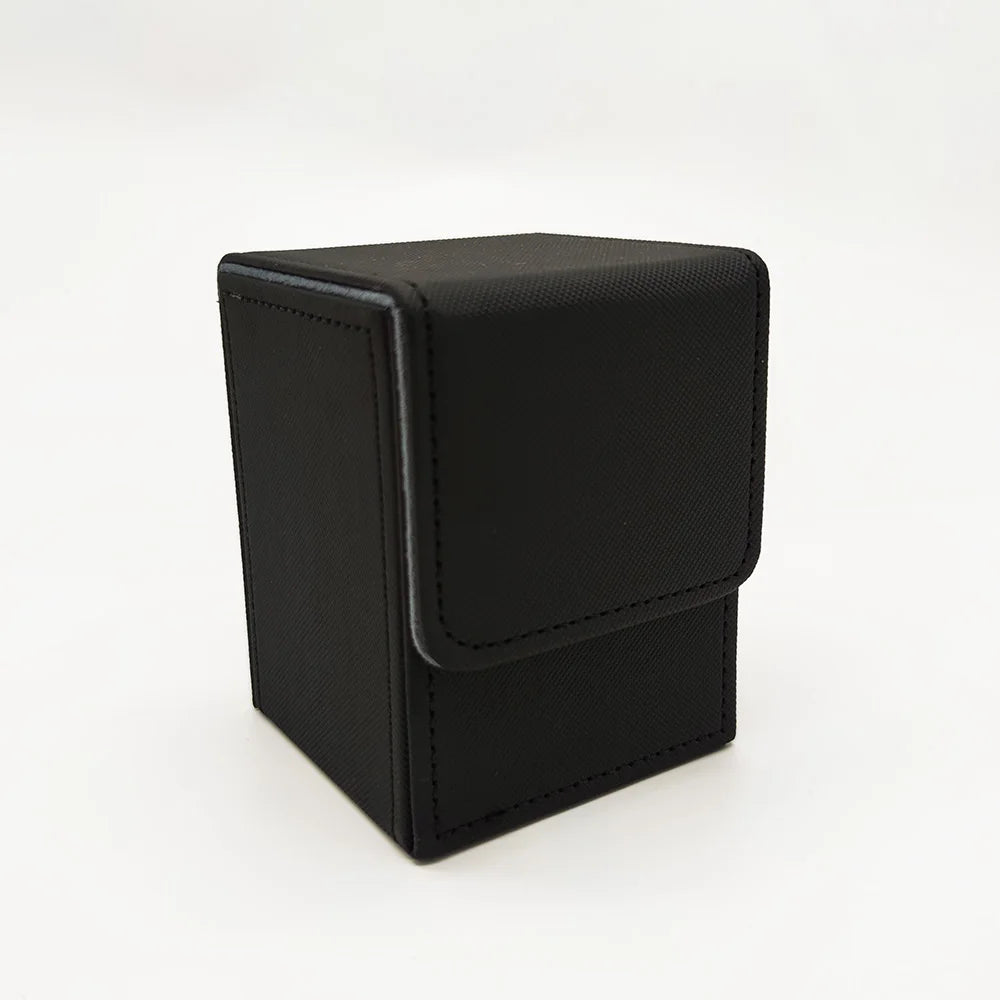 A black premium leather deck box designed to hold trading cards.