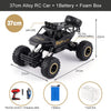 A black 37cm Alloy RC Car with a battery and foam box shown next to its dimensions.