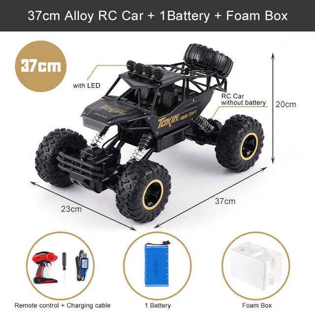 A black 37cm Alloy RC Car with a battery and foam box shown next to its dimensions.