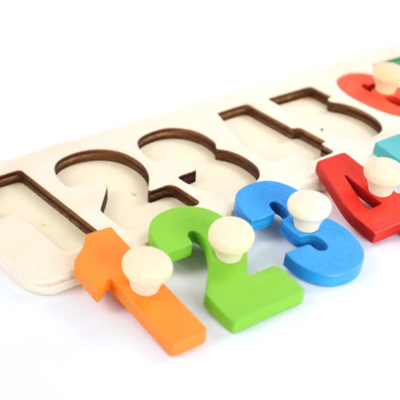 A wooden shape and color sorter puzzle with various colored pieces for toddlers.