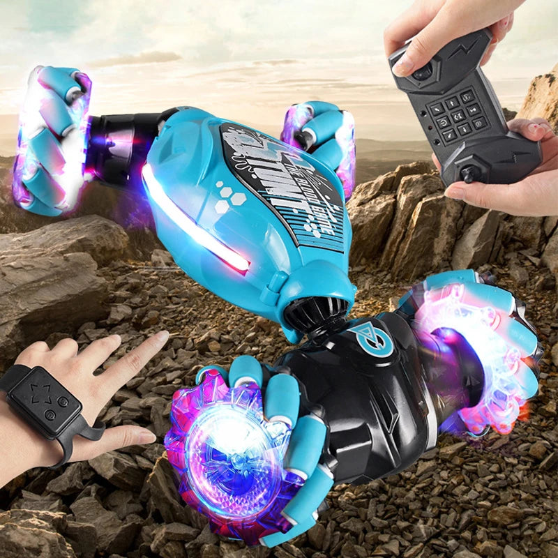 A hand holds a blue RC stunt car with gesture control and LED lights, demonstrating its features.