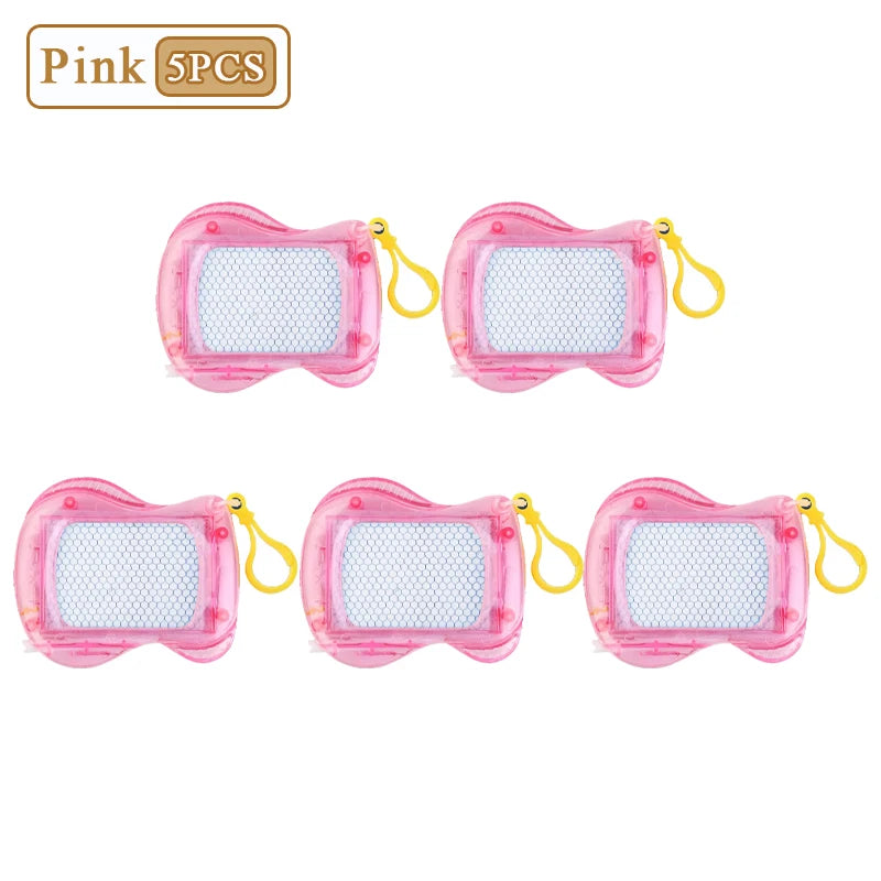 Five pink mini magnetic drawing board keychains with yellow strings and stylus.