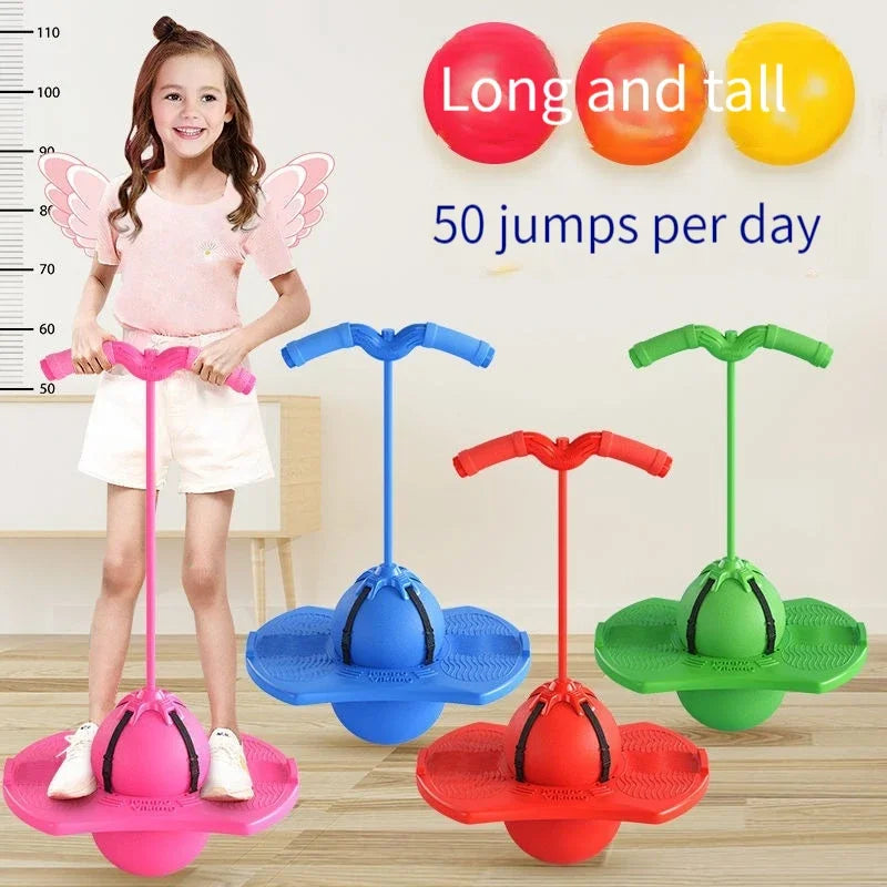A set of colorful bouncing balls and pink, red, and green trainers for jumps per day exercise.