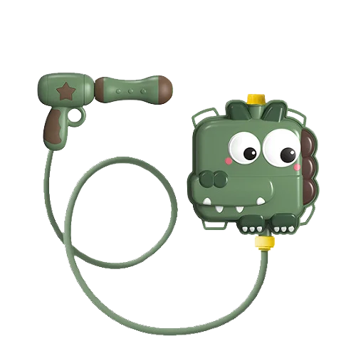 A green animal backpack water gun toy with a green hose and a plastic dinosaur head.