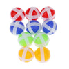 A set of nine colorful sticky balls in red, white, blue, and green are arranged for a target shooting game.
