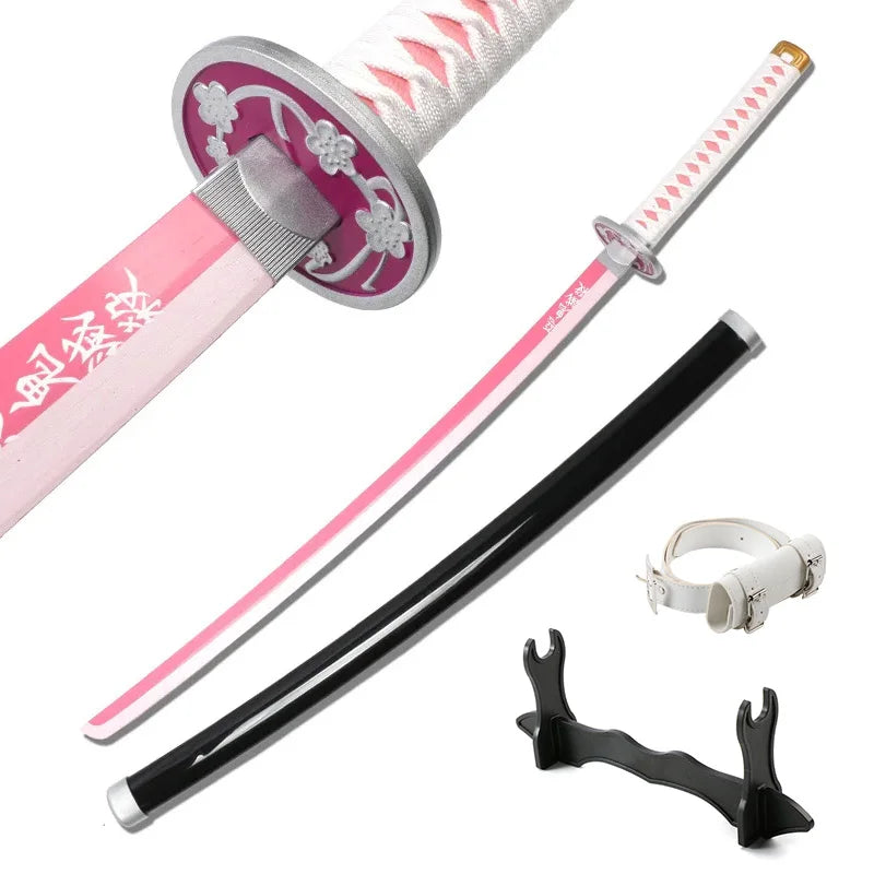 A pink and silver Demon Slayer anime katana sword with a decorative hilt and scabbard.