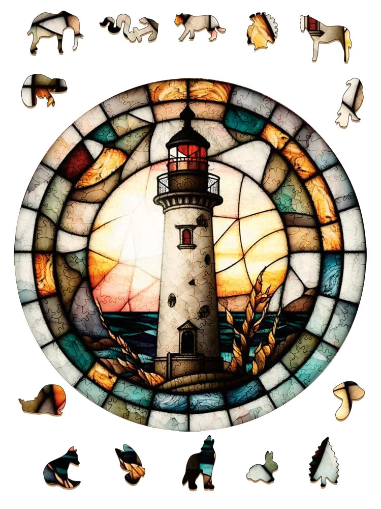 A wooden jigsaw puzzle depicting a coastal lighthouse scene with surrounding elements and a sunset background.