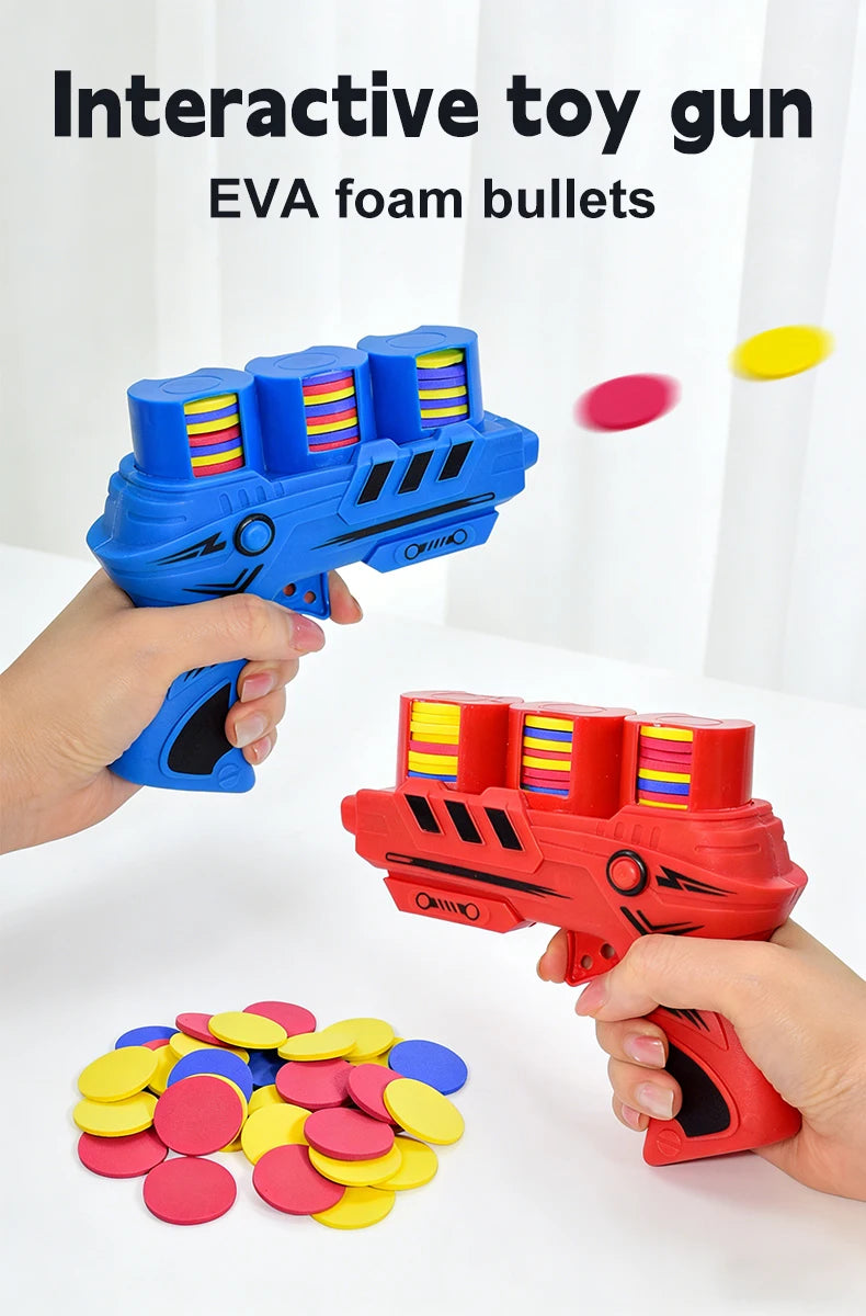 A hand holds a blue toy gun with EVA foam bullets, next to a pile of colorful foam discs.