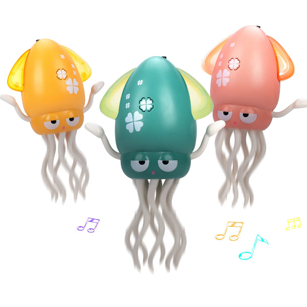 Three colorful interactive dancing squid toys in orange, teal, and pink with tentacles.