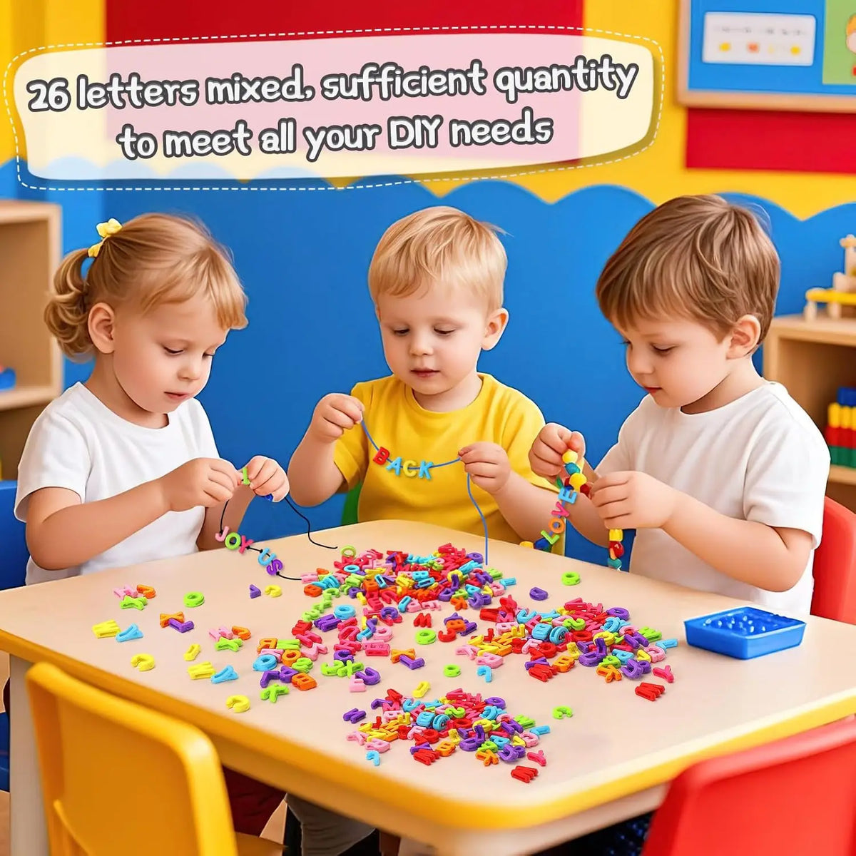Three children are working on a DIY project using colorful acrylic alphabet letter beads on a table.