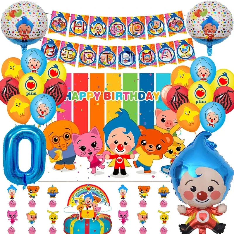 A colorful balloon party decoration set featuring clown and circus themes for a child's birthday.