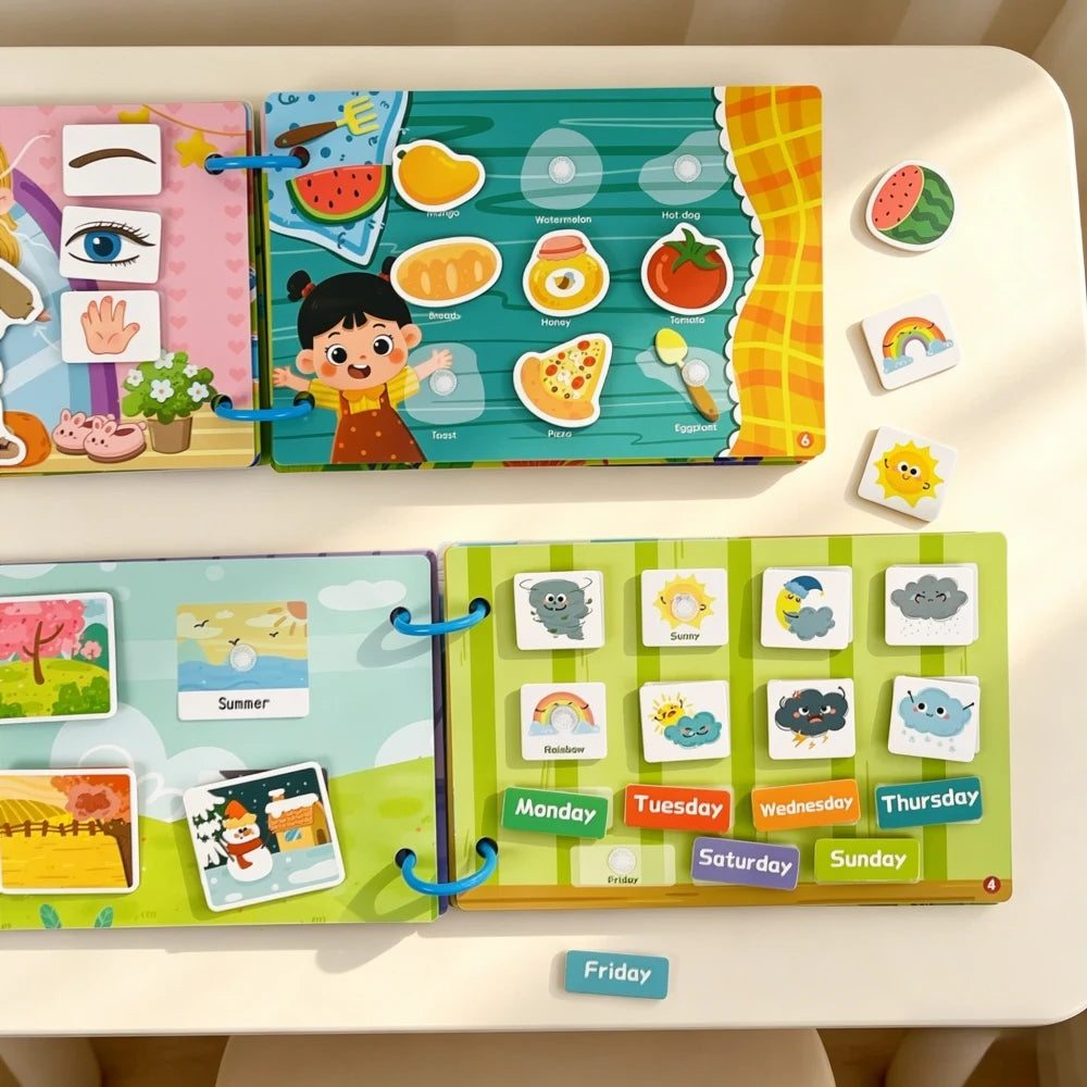A colorful interactive learning busy book for toddlers featuring reusable activity cards for word recognition and matching.
