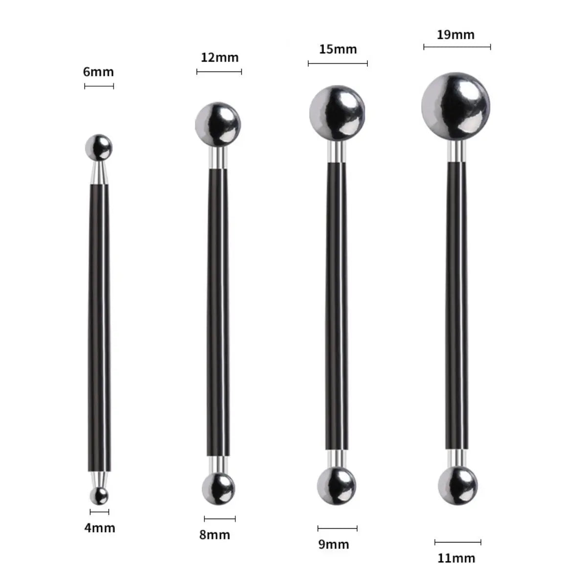 A set of four black clay sculpting tools with varying lengths and shapes for pottery and crafting.