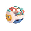 A pink and blue baby pull-string sensory toy with silicone teether featuring colorful rings.