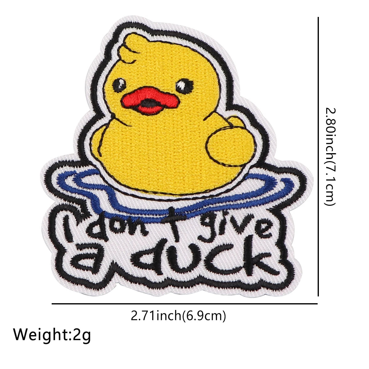 Yellow duck embroidery patch with text that reads I don't give a duck