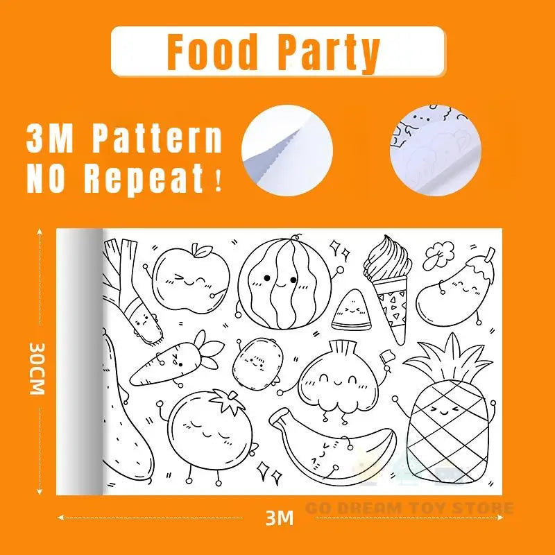 A line art drawing scroll featuring various fruits and vegetables for kids DIY coloring