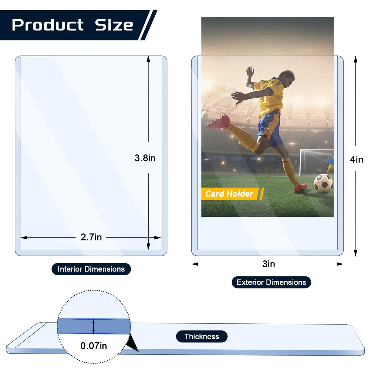 Diagram showing the size and thickness of a trading card sleeve, including interior and exterior dimensions.