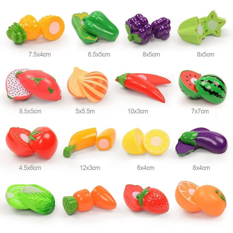 A collection of colorful plastic fruits and vegetables for kids pretend play including tomatoes, peppers, and citrus.