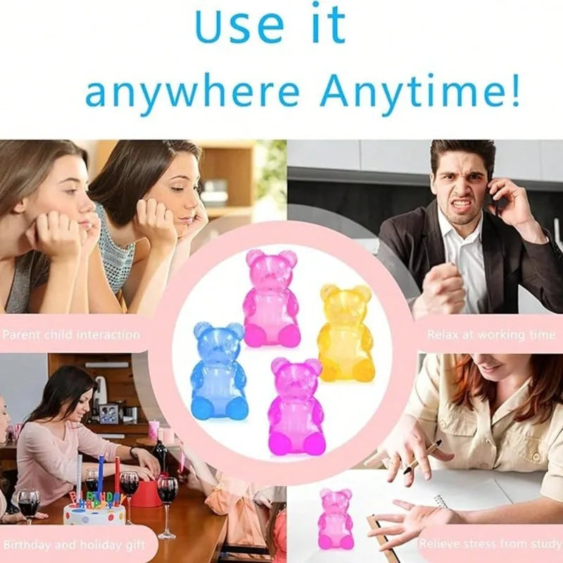 A pink soft gummy bear fidget toy is shown in various contexts like parent-child interaction and working time relief.