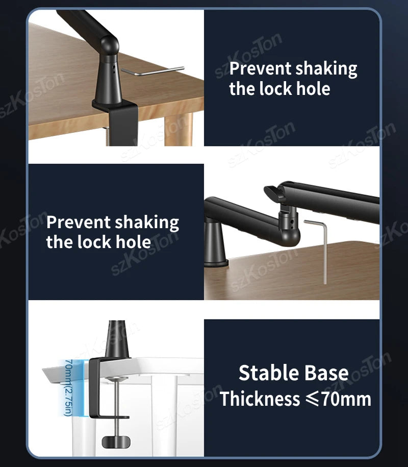 Low profile microphone arm with a black finish designed to prevent shaking the lock hole and featuring a stable base.