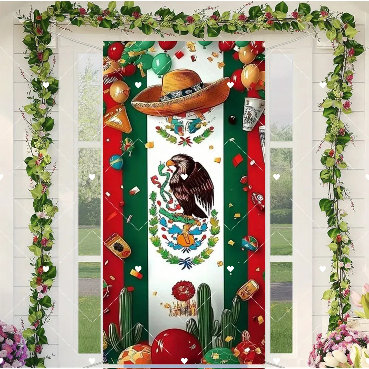 Viva Mexico door cover featuring an eagle and flag design with green foliage framing the entrance.