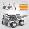 A white and gray channel alloy self-dumping truck toy with a remote control unit and various accessories.