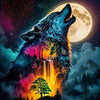 A majestic wolf howling at a large full moon with a forest and waterfall landscape below.