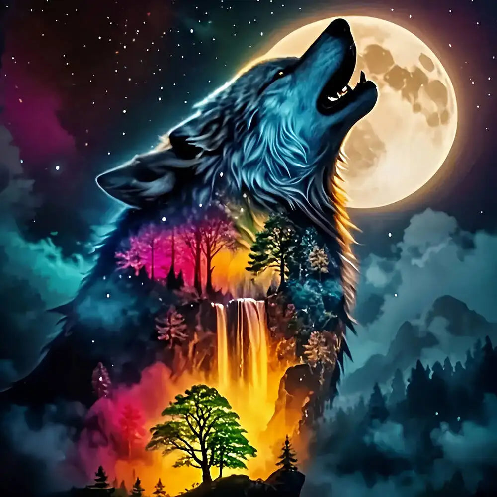 A majestic wolf howling at a large full moon with a forest and waterfall landscape below.