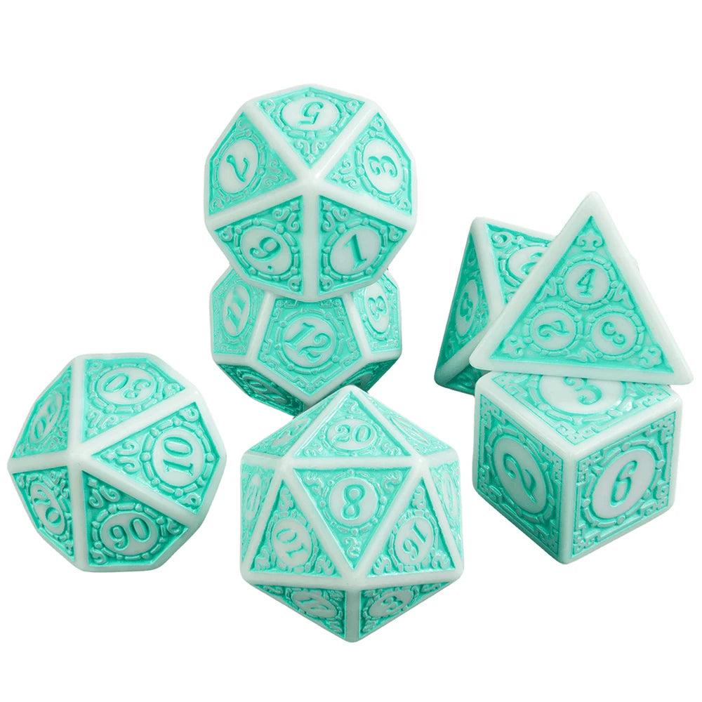 A set of seven polyhedral dice in teal and white, including a d20, d12, d10, d8, d6, and d4.